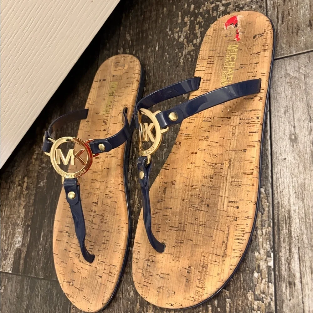 Michael Kors Navy and Gold Logo Sandals